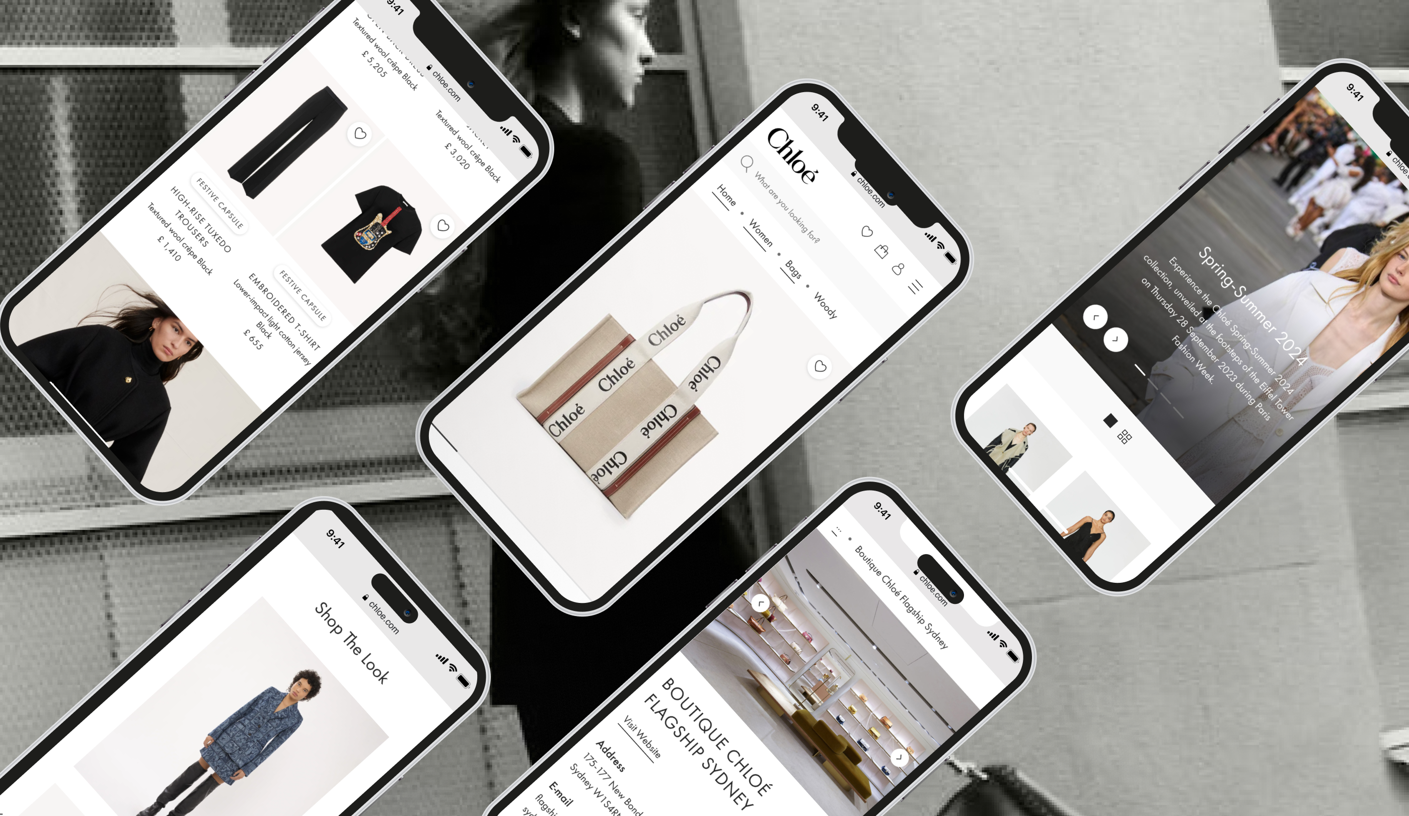 Chloé e-commerce app screens: product pages, bags, and boutique details